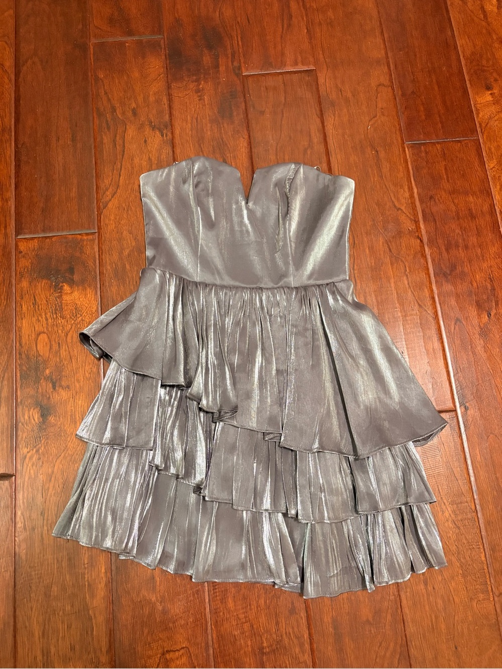 DO + BE strapless silver asymmetrical ruffle mini dress